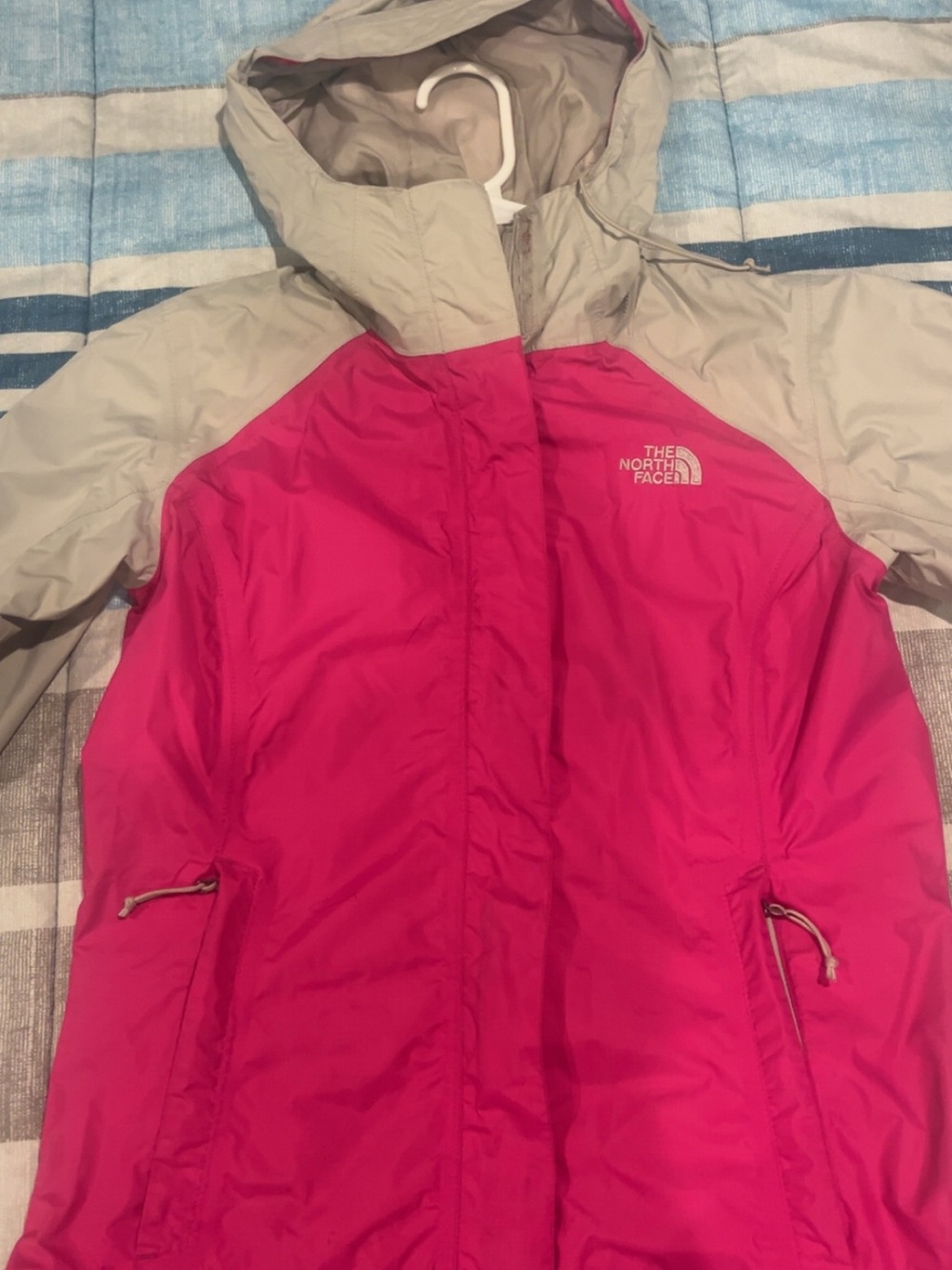 The North Face Hot Pink and Beige Hooded Kids Rain Jacket